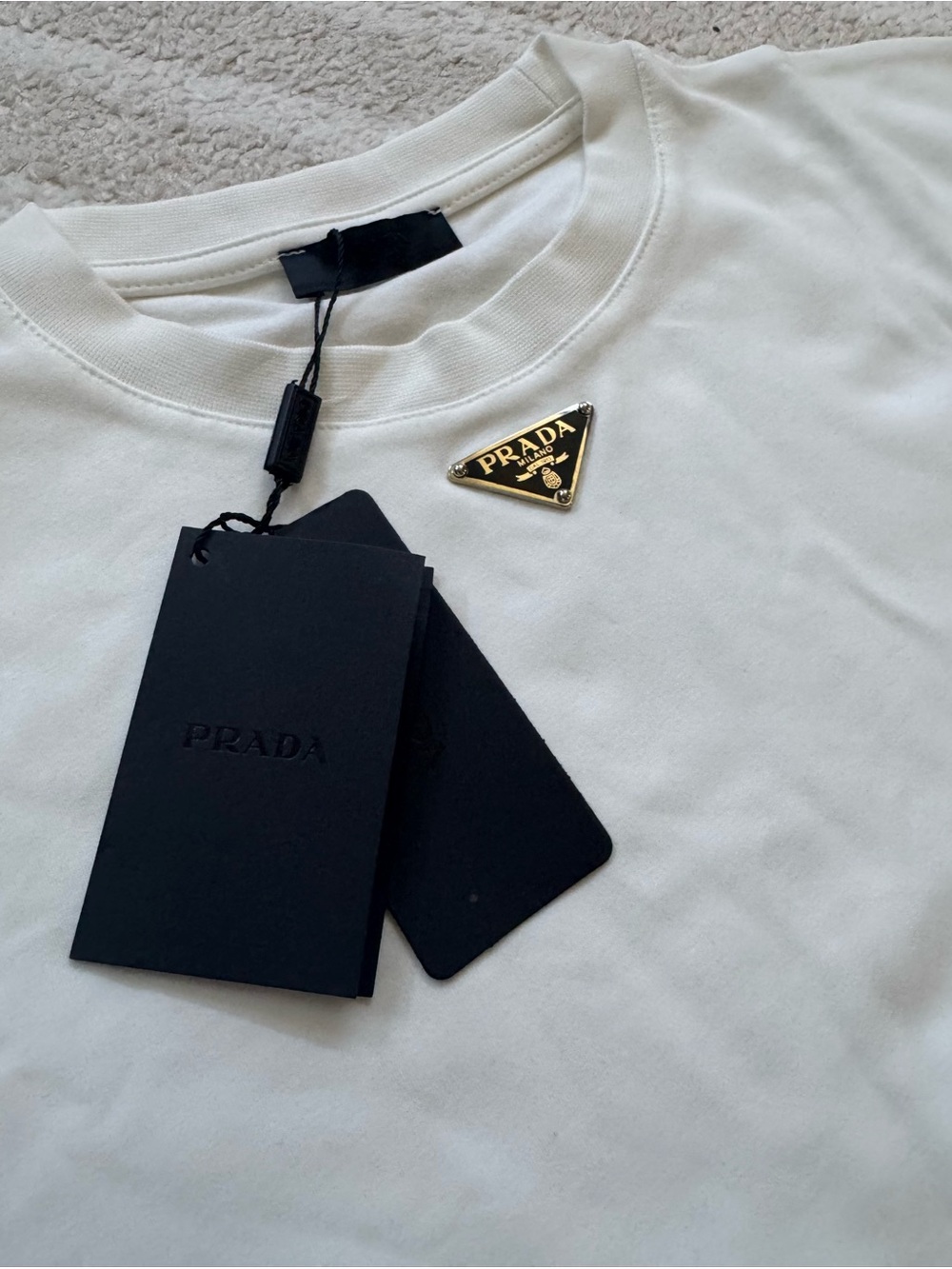 Prada Cream Crewneck Tee with Gold Triangle Logo